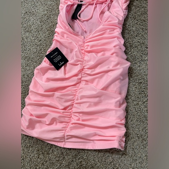 NWT Lulus Confident Allure Light Pink Ruched Lace-Up Bodycon Mini Dress Size L - Picture 6 of 10